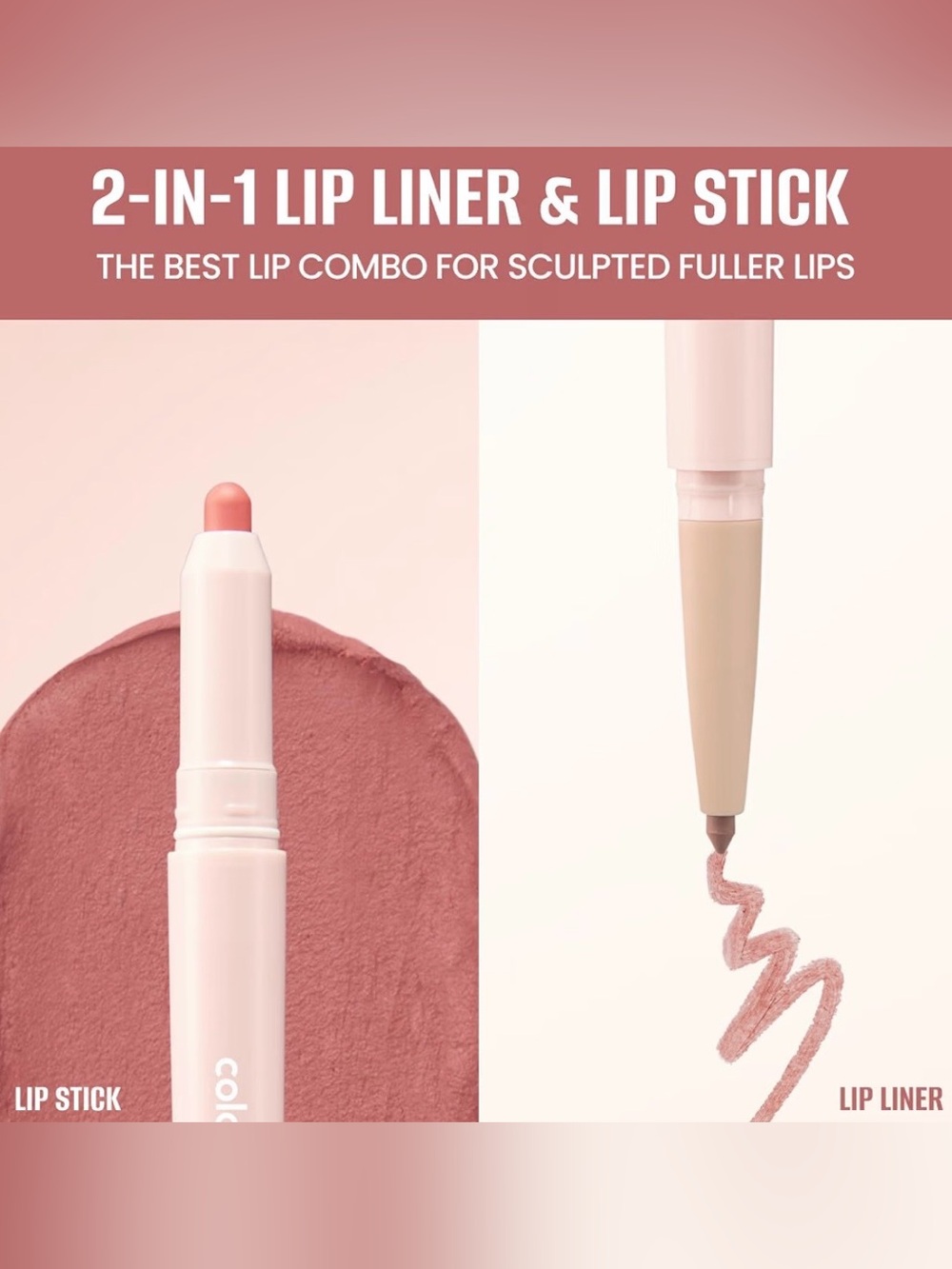 Colorgram 2-in-1 Lip Liner & Lipstick Stick — Cool Pink (muted rose pink)